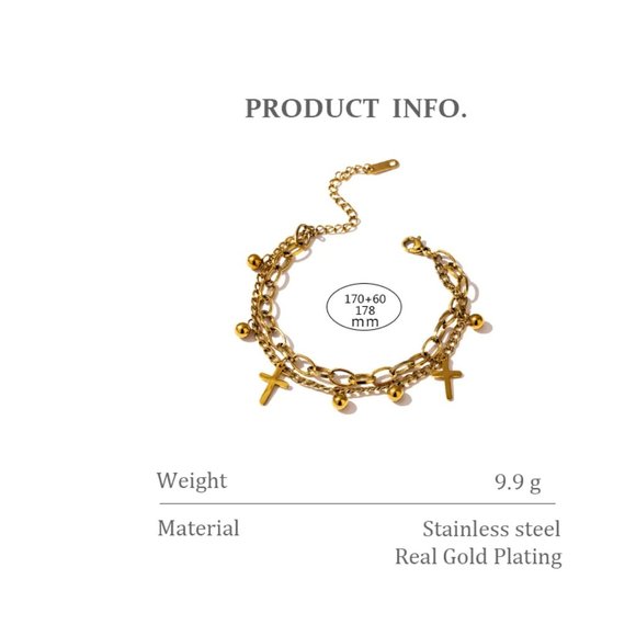NEW 18K Gold Plated Cross Bead Link Chain Double Layer Bracelet - Picture 4 of 6